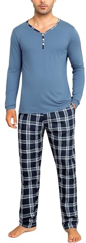 Irdcomps Schlafanzug Herren Lang Pyjama Baumwolle Zweiteilige Nachtwäsche Set Männer Winter Rundhals mit Brusttasche