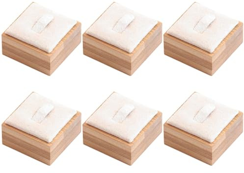 Lot de 6 présentoirs de bagues carrés avec base en bambou, support à bijoux beige pour magasins, expositions, salons commerciaux et rangement personnel