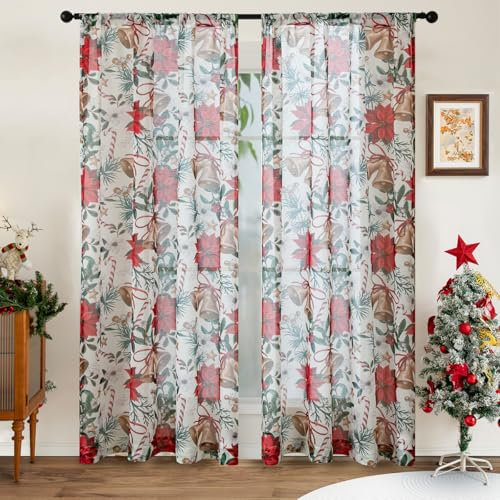 BROSHAN Red and Gold Christmas Sheer Curtains 63 inch Length 2 Panel Set- Xmas Bedroom Window Decoration Curtains in Poinsettias Floral Bells Patterned, Winter Holiday Living Room Curtain Drapes