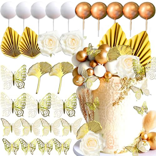 Decoración bohemia para tartas de champán, bolas doradas, decoración de tartas, hojas de palma doradas, decoración de tartas, decoración bohemia de oro blanco para boda, cumpleaños, aniversario