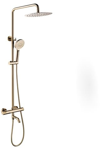 Ensemble de robinet de douche mural thermostatique en laiton avec pommeau de douche à main à 3 jets et cascade de pluie, hauteur réglable avec tuyau en acier inoxydable de 150 cm (doré)