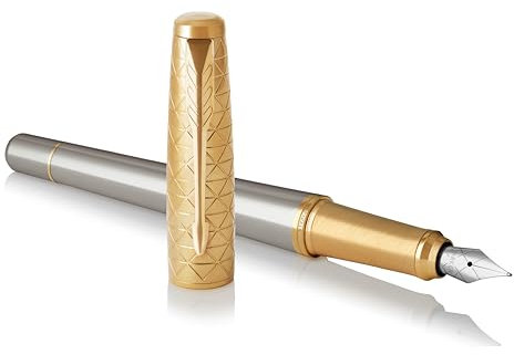 Parker Urban Premium Fountain Pen | Shiny Chrome with Engraved Pattern | Gold Trim | Medium Nib | Black Ink | Gift Boxed