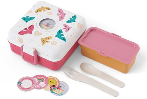 monbento - Kinder Brotdose mit Fächer Snacky rosa Birds - Snackbox Kinder für ganze Sandwiches - Besteck inklusive - Lunchbox Personalisiert Kinder - Ideal für Schule/Picknick - BPA-Frei - Vögel