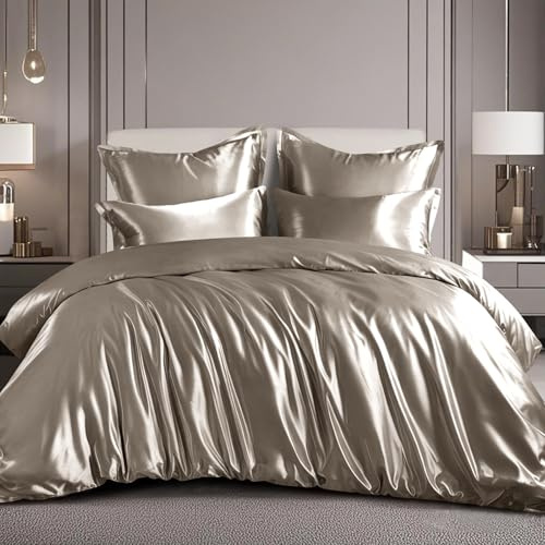 RUIKASI Set di biancheria da letto 3 pezzi in raso 220 x 240 cm - Taupe - Set di biancheria da letto di lusso 3 pezzi - Con chiusura lampo e federa per cuscino - Effetto seta per capelli e pelle