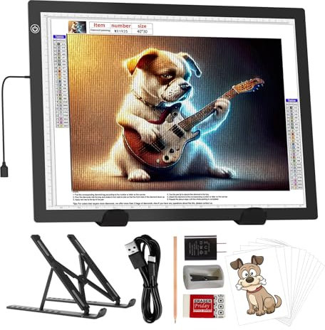 A3 Leuchttisch mit Ständer, 8000 Lux Sehr Hell 5mm Ultra Dünn Light Pad, Dimmbarer Leuchtplatte mit Adapter, LED Lichtpad Lightpad für 5D Diamond Painting Zubehör, Designen, Zeichnen Skizzieren