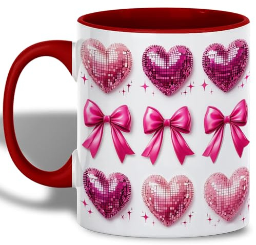 Tazza Da Caffè Valentine Red And Pink – Hearts And Pink Bows Tazze Caffè Personalizzato Latte Mug Con Manico Tazza Divertente, Per Bambini, The E Caffè, Fidanziati, 330ml