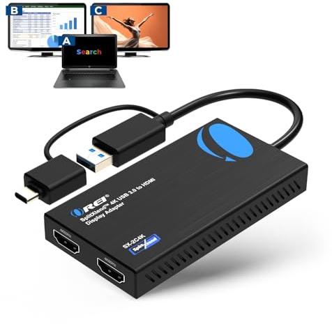 OREI SplitExtend 4K HDMI Splitter Erweitertes Display für Dual Monitor - Multi-Monitor Display 3 Separate Bildschirme - USB A & USB-C Adapter auf HDMI 2.0, 4K @ 60Hz, DisplayLink Treiber MacOS