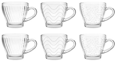 MA MAISON Tazzine in Vetro Fantasia per Caffè Set 6 Bicchierini con Manico - Mantiene il Calore, Senza Condensa, per Latte - Trasparenti con Capacità 90 Ml idea Regalo Confezioni da 6 pz Assortite