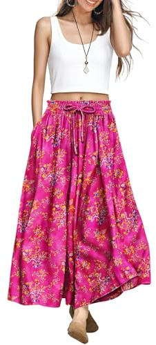 YESNO Women Wide Leg Pants Summer Floral Boho Palazzo Pants Casual High Waisted Flowy Crop Trousers with Pockets L PSC CR026