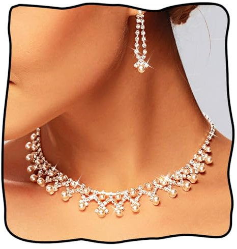 Evlry Perlen Brautschmuck-Set Silber Strass Halskette und Ohrringe Glitzer Hochzeits Schmuck für Damen