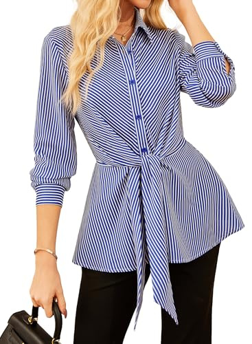 GRACE KARIN Women's Business Long Sleeve Shirt Striped Slim Fit Blouse Ruffled Hem Tunic Office Wear Blue L