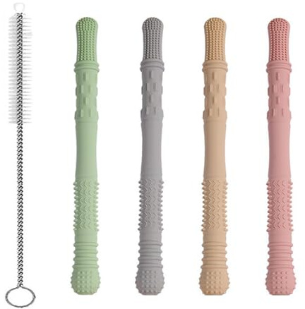 Giocattoli da masticare per bambini autistici, 4 pezzi, giocattoli sensoriali da masticare calmanti per autismo, ADHD e SPD, in silicone alimentare (162 mm), con spazzola per la pulizia, sollievo