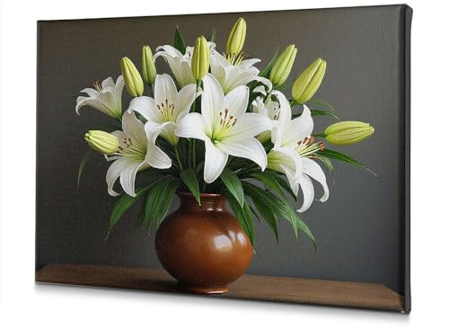 Spring Decor Ein Blumenstrauß weißer Lilien in einer braunen Vase. Dekoratives Leinwandbild, Wandbilder für Wohnzimmer, Osterdekoration (30 x 40 cm)