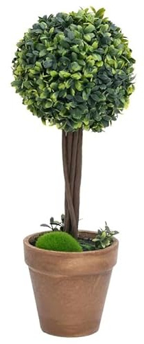 Eleganz Boj artificial 2 unidades. Forma esférica perenne de 41 cm con maceta de madera maciza de eucalipto, fácil de limpiar y resistente a la intemperie, para balcón, jardín y terraza, polietileno y