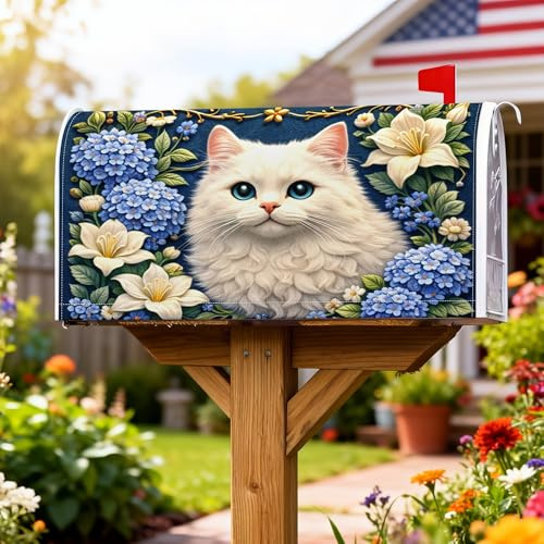 Magnetische Briefkastenabdeckungen, Motiv: Katze, realistische blaue Blumen, weiße Lilien, Frühlingsblau, Briefkastenabdeckung für Vorgarten, Dekoration, 45,7 x 53,3 cm