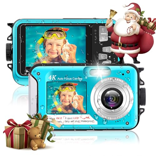 Digitalkamera, Yixinxin 4K Unterwasserkamera, 64MP Autofokus 16FT Digitalkamera wasserdichte mit 32GB Karte, Dual-Screen Selfie 1250mAh Batterie, 16X schwimmfähig Digital für Schnorcheln