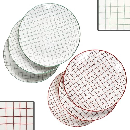 MamboCat Holly Lot de 6 assiettes plates rouges et vertes I Grandes assiettes plates en faïence I Crème avec motif grille rouge et vert I Vaisselle pour le quotidien et la table