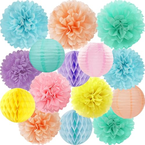 Tazuxetuqe Pastell Papier Blumen Taschentuch Pompons Waben Laternen 15 Stücke Party Deko Für Regenbogen Bunte Makronen Eiscreme Geburtstag Babyfeier Ostern Karneval
