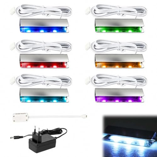 XPJBKC Glasbodenbeleuchtung Led, 6er Set RGB Farbwechsel 5050SMD Led Glaskantenbeleuchtung, Edelstahl Clips Glaskantenbeleuchtung, Vitrinenbeleuchtung Clip für Vitrine Schrank Tisch