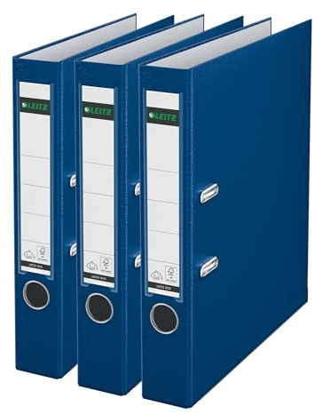 Leitz Qualitäts-Ordner 180° Plastik, 3er Pack, das Original, DIN A4 Aktenordner 5 cm schmal, 90% Recycling-Karton, 30% Pre-Consumer Recycling-Kunststoff, Mit 180° Mechanik, 350 Blatt, Blau, 310345035