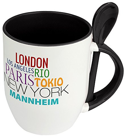 digital print Städtetasse Mannheim - Löffel-Tasse mit Motiv Famous Cities in The World - Becher, Kaffeetasse, Kaffeebecher, Mug - Schwarz