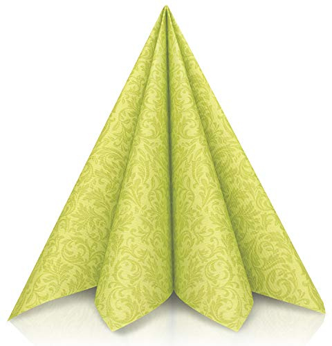 GRUBly® Serviette Ornaments in Grün, 40 x 40 cm, 1/4 Falz, 50 Stück, aus 3-lagigem Tissue im eleganten Ton-in-Ton Ornamentdesign, Ideal für Events & Gastronomie