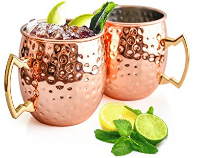 Sendez 2er Set Moscow Mule Becher Kupfer handgefertigt 500ml gehämmerter Griff für kalte und heiße Getränke modernes edles Design