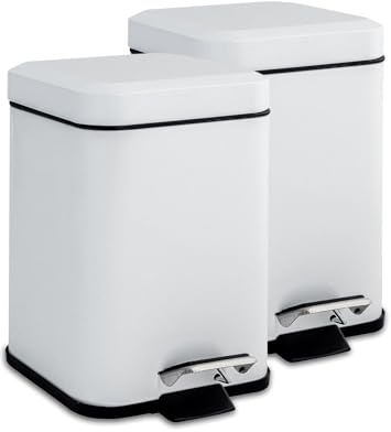 Harbour Housewares 3L Bathroom Bins - White - Pack of 2 - Square Stainless Steel Pedal Bin Slim Kitchen Rubbish Trash Can Garbage Dustbin with Lid and Inner Liner Bucket