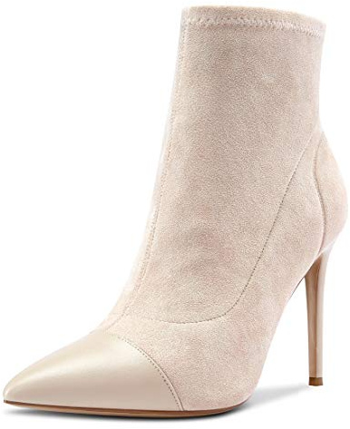 Castamere Women's Fashion Stretch Ankle Boots Pointed Toe Stilettos Booties 4IN High Heel Beige Nude Suede Shoes UK 7