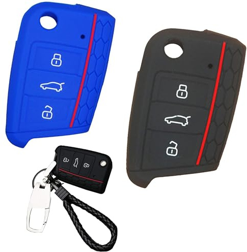 DXIA 2 Stück Autoschlüssel Hülle, Silikon Schlüssel Hülle, Schlüsselhülle Cover mit 3 Tasten Auto Schlüssel Cover, Schutzhülle für VW Golf 7 MK7, Blau, Schwarz