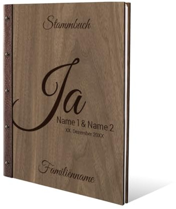 Stammbuch Gravur individuell Nussbaum Holz Cover mit Echtleder Rücken inkl. vorgedruckte Seiten und Klarsichthüllen DIN A4 (240 x 310 mm) - Ja