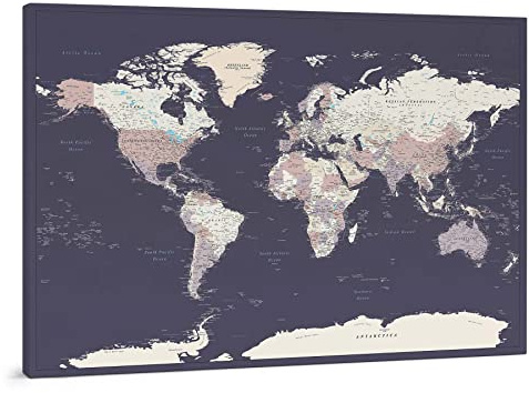 Trip map Pinnwand Weltkarte - Leinwand Weltkarte Pinnwand mit Pins - Violet Lila Farben - zur Personalisierung - Gerahmte Weltkarte zum Pinnen - 150x100 cm; 120x80 cm; 100x70 cm Größen