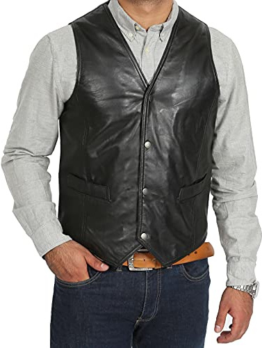 Chaleco de cuero completo para hombre estilo clásico Petrelli, Negro, L