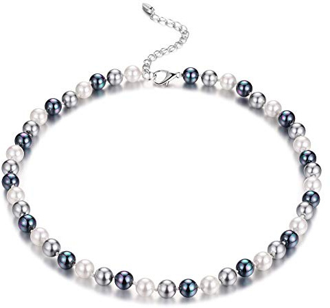 Bulinlin Damen Silber Muschel Perlenkette Boho Statement Strang Perlen Choker Halskette Modeschmuck Geschenke für Frauen(8mm Grey)