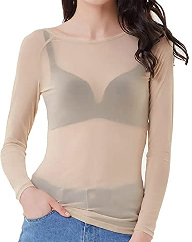 Top corto de malla transparente para mujer, manga corta/larga, sexy, transparente, beige, L