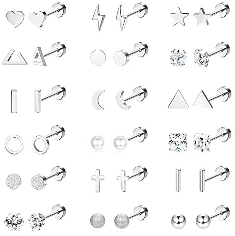 Kakonia 18 Pares de Aretes de Acero Inoxidable Quirúrgico con Diseños de Cruz, Luna y Estrella - 20G Cartílago Posterior Plano