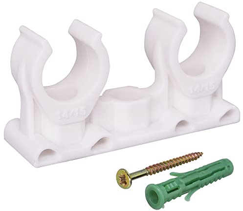 SKIR'CO (20 Stück) Doppelrohrschellen, Kunststoffschellen für 14-15mm Rohre, U-Typ Rohrklemme, Rohrschellen weiße Clips, Schlauchaufhänger