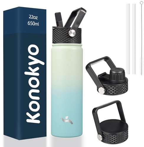 Konokyo 22oz Stainless Steel Bottles with 3 Lids Sport Insulated Water Bottle,Mint