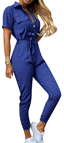 Yming Damen Casual Kurzarm Overall Sommer Reverskragen Strampler Overall Mit Gürtel Plus Größe Overall Mit Taschen Royal Blau XS