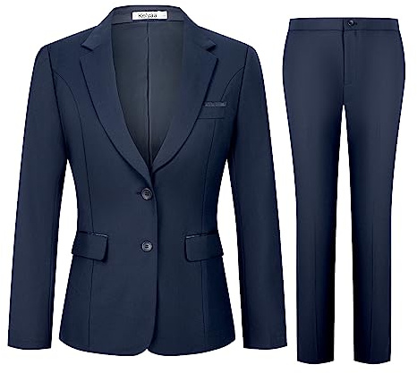 Kelyaa Women's 2 Piece Suit Lady 2 Button Notched Lapel Business Work Office Slim Fit Blazer Jacket Pants Set Navy Blue