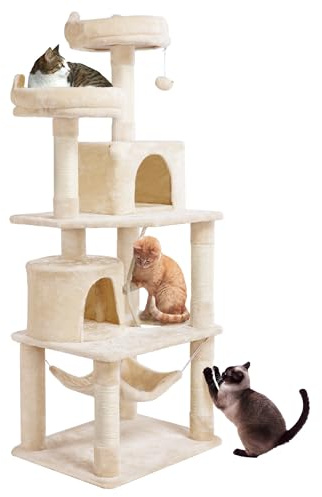 Yaheetech Rascador para Gatos de 158 cm Arbol para Gatos Adultos Beige | Hamaca, Correa antivuelco, postes cuerda de sisal, Bola colgante sustituible,Perca ancha,fácil de montar,estable a los saltos