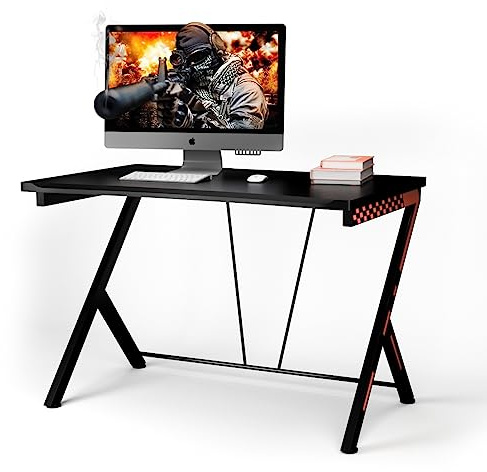 COSTWAY Gaming Tisch, Schreibtisch mit Kohlefaserbeschichtung, Ergonomischer PC Tisch, Gamer Computertisch für Gaming, Arbeiten und Studieren, Schwarz