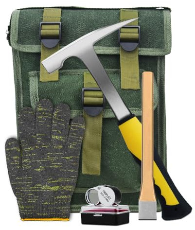 5 herramientas de Rockhounding – Kit de martillo de geología, bolsa de musette y martillo de 22 onzas, cinceles de excavación, lupa, guantes, regalos de geología para niños y adultos (ps-6)