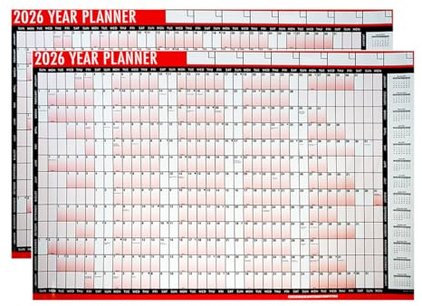 2026 Wall Planner A1 x 2 Pack with Pen & Adhesive Dots, 88cm x 58cm Laminated Unmounted Wall Calendar 2026 UK Annual Organiser Chart Ideal Full Year Planner for Home, Business, Office, School