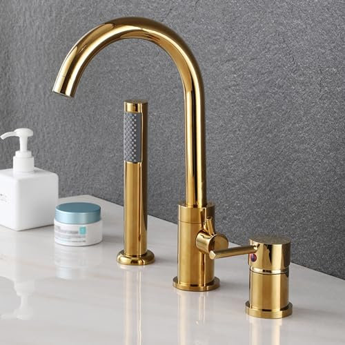 Badewannen-Mischbatterien mit Brause, Kreuzgriff, Badewannen-Brause-Mischbatterie-Set, Badarmaturen, Mischbatterie mit Brausegarnitur, Gold, 3 Löcher Warm as ever