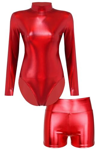 Doomiva Damen Matellic Turnanzug Langarm Leotard und Sport Shorts Glänzende Gymnastikanzug Zweiteiler Tanzanzug Ballet Trikot Rot XL