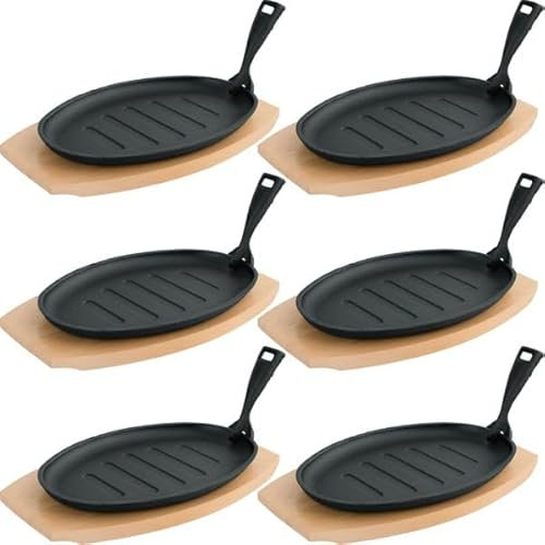 6x Servierpfanne mit Holzuntersetzer und abnehmbarem Serviergriff 27 x 17,5 x 2 cm Gusseisen