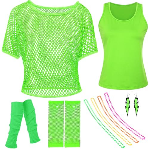 80er 90er Jahre Netzoberteil Damen, 80er Jahre Outfit Damen Set, Neon Netz Shirt Mädchen, Retro Kostüm Accessoire mit Netzhandschuhe Beinstulpen für Mottoparty Karneval Neon Party (Grün, M)