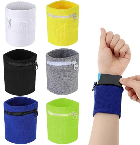 FENGQQKJ 6 Stück Schweißband Handgelenk Handgelenkstasche Sport Wristbands Reißverschluss Workout Geldbörse Sport-Schweißband mit Tasche Wristband Geldbörse für Damen Männer Fitness Laufen