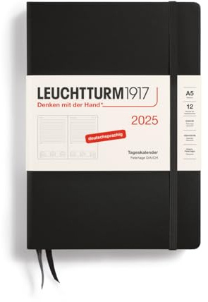 LEUCHTTURM1917 370593 Tageskalender Medium (A5) 2025, Schwarz, Deutsch